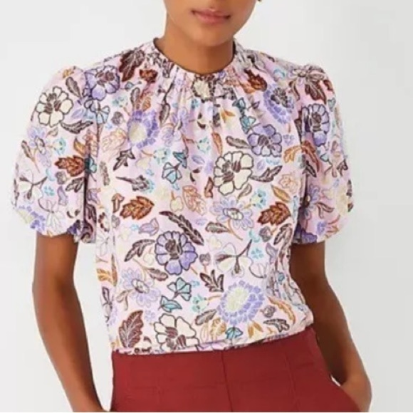 Ann Taylor Batik Floral Paisley Mock Puff Sleeve Blouse Sz L NWT - Picture 2 of 9